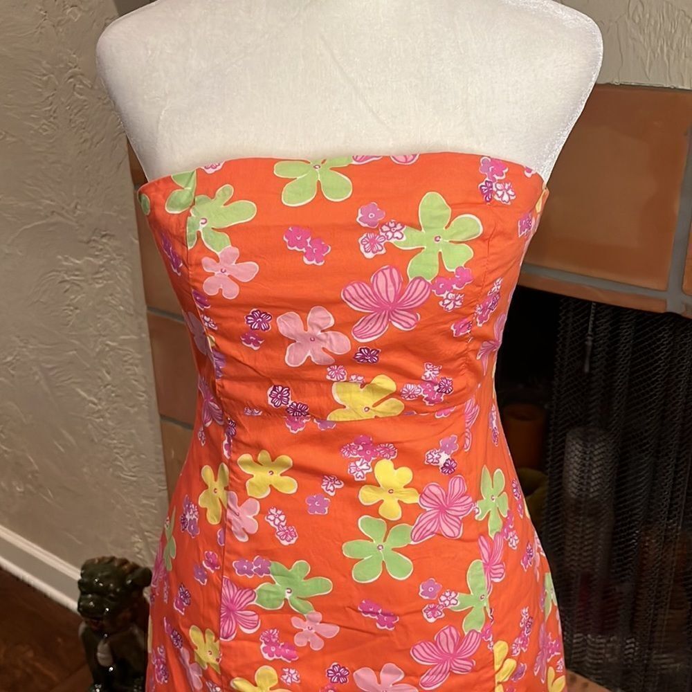 Vintage Lilly Pulitzer Garnichuri Orange Floral Strapless Dress, size 2! - Picture 2 of 11
